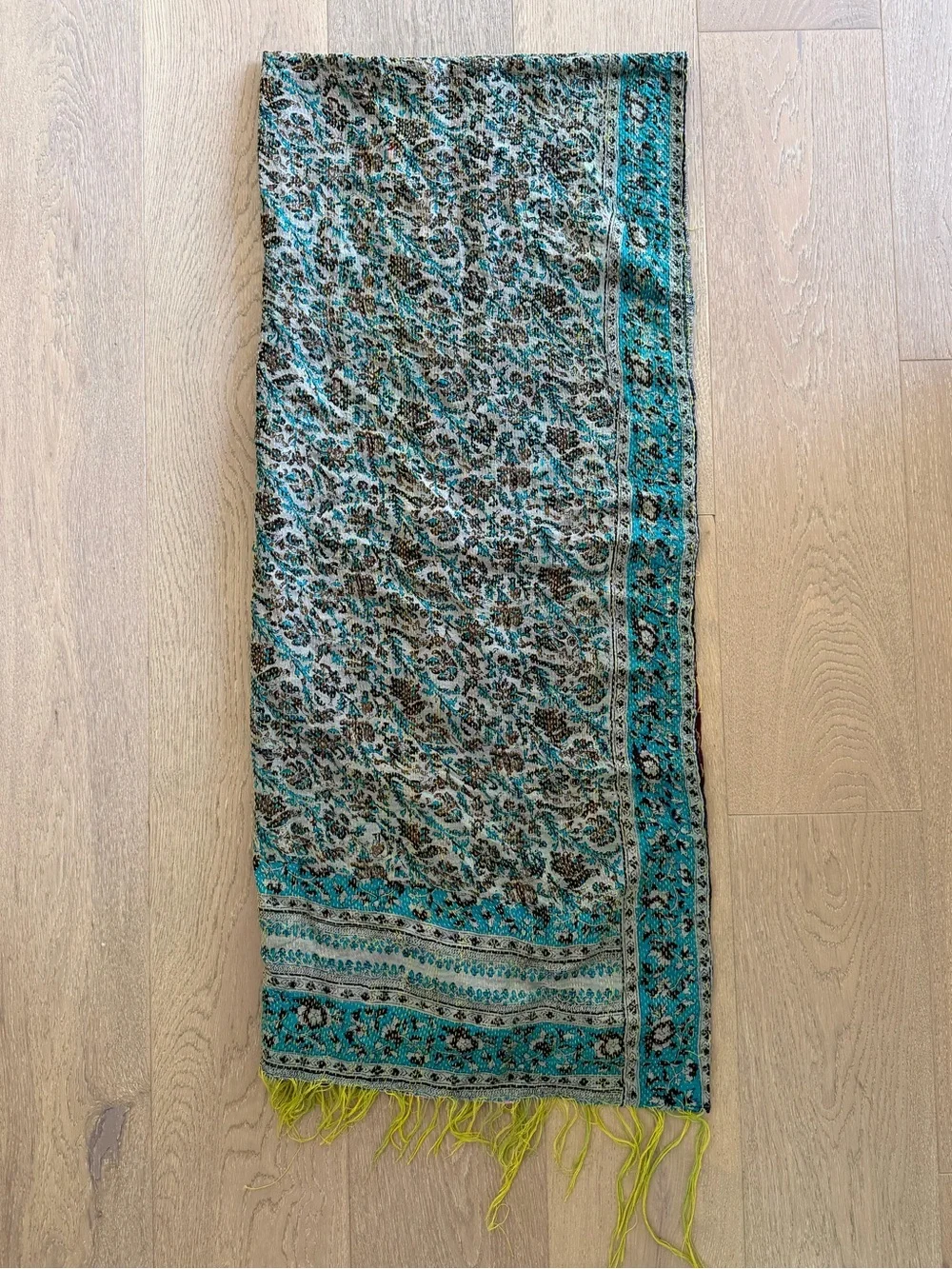 Found Object New York Reversible Silk Kantha Fringe Scarf Wrap Recycled Vintage